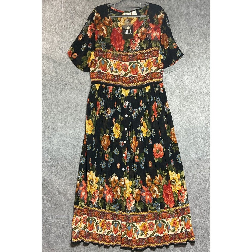 Bila Dress Womens Medium Multicolor Floral Short Sleeve Button Front Maxi Boho *